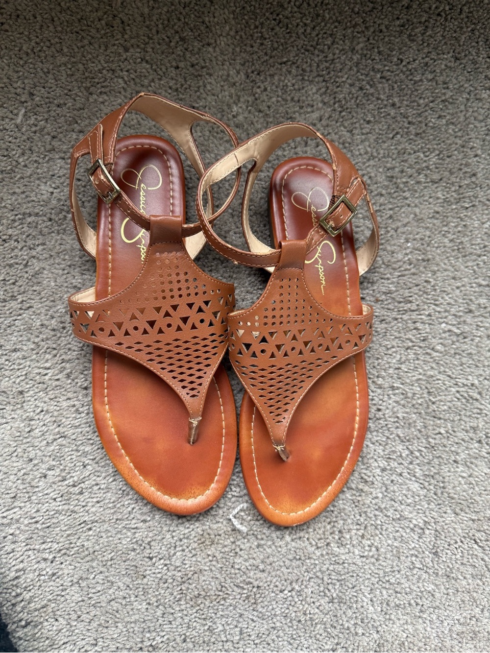 Jessica Simpson Cognac Leather Laser-Cut T-Strap Sandals